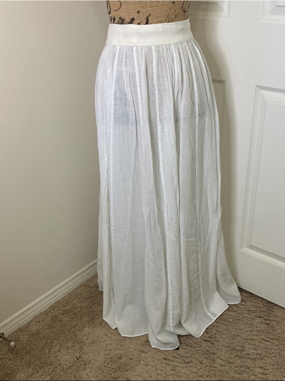 White Cotton Gauze Pull-on Gored Maxi Skirt
